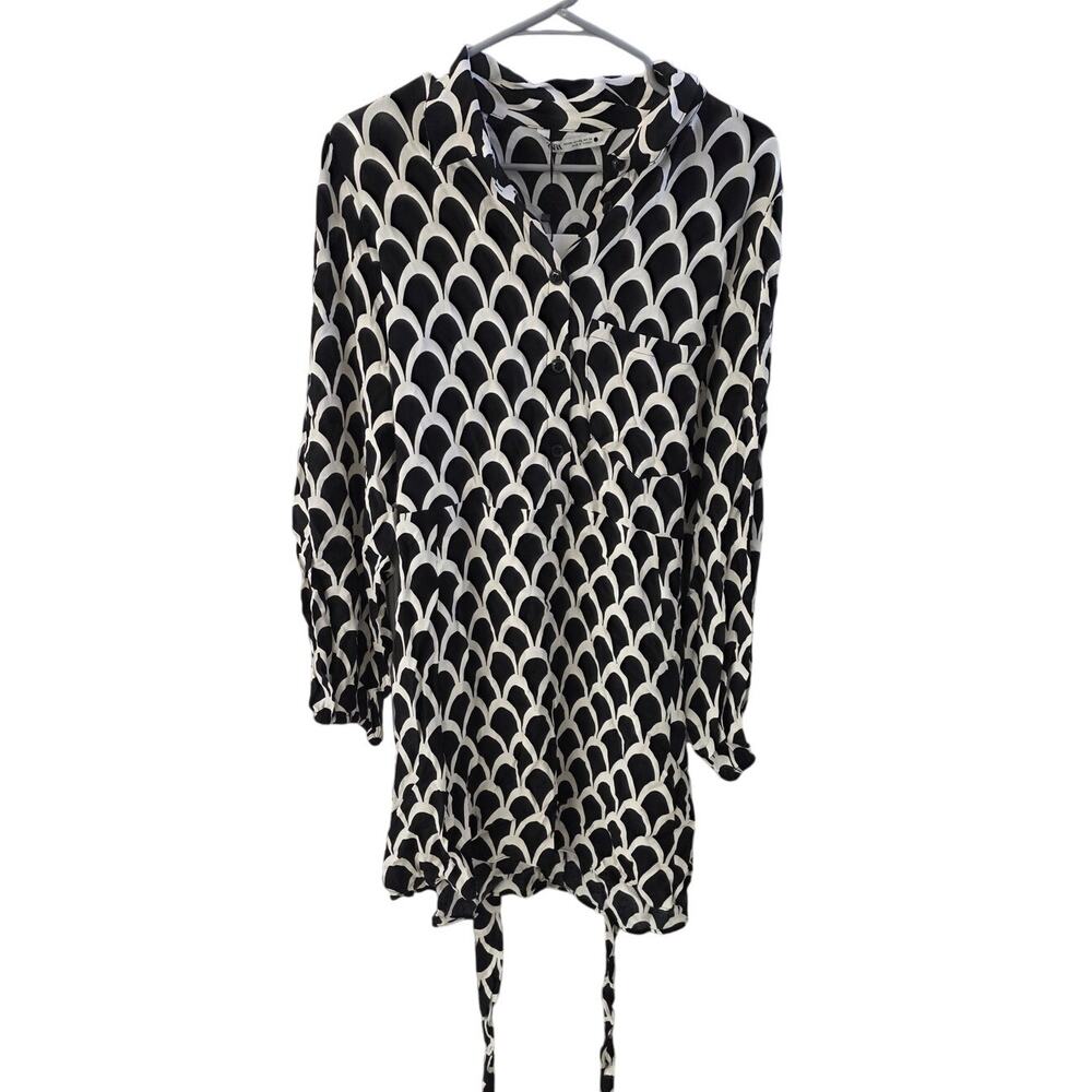 Zara Black & White Geometric Sheer Emelie Shirt Dress - XXL